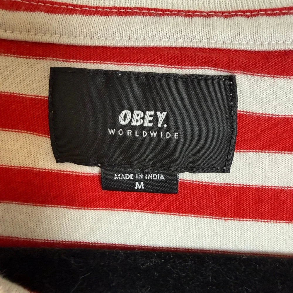 OBEY Worldwide Red White Stripe Embroidered Logo T Shirt‎ Mens Size M